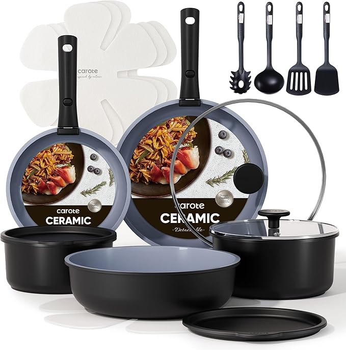 CAROTE 19pcs Ceramic Cookware Set Detachable Handle,Pots and Pans Non Stick | Kitchen Cooking Sets, Space Saving, Dishwasher & Oven Safe, Non-Toxic, for Camping/RV/Traveling, Black/Grey