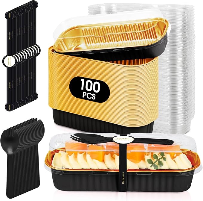100 Pack Mini Cake Pans with Lids and Spoons, Disposable Aluminum Foil Cake Tins（6.8oz） Individual Small Cake Baking Containers for Party, Wedding, Birthday