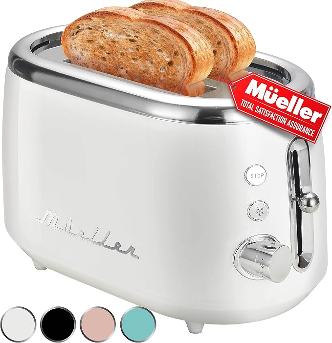 MUELLER HOME Retro Toaster 2 Slice, 7 Browning Levels | 3 Functions (Reheat, Defrost, Cancel), Stainless Steel Features, Removable Crumb Tray, Under Base Cord Storage, White
