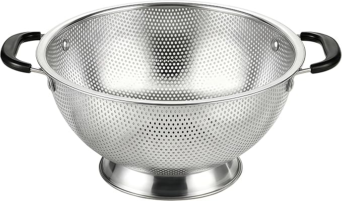 304 Stainless Steel Colander, 3 Quart Micro-Perforated Strainer with Heavy Duty Plastic Handles - Fast Draining Metal Basket for Rinsing Rice, Washing Vegetables, Draining Pasta - Dishwasher Safe