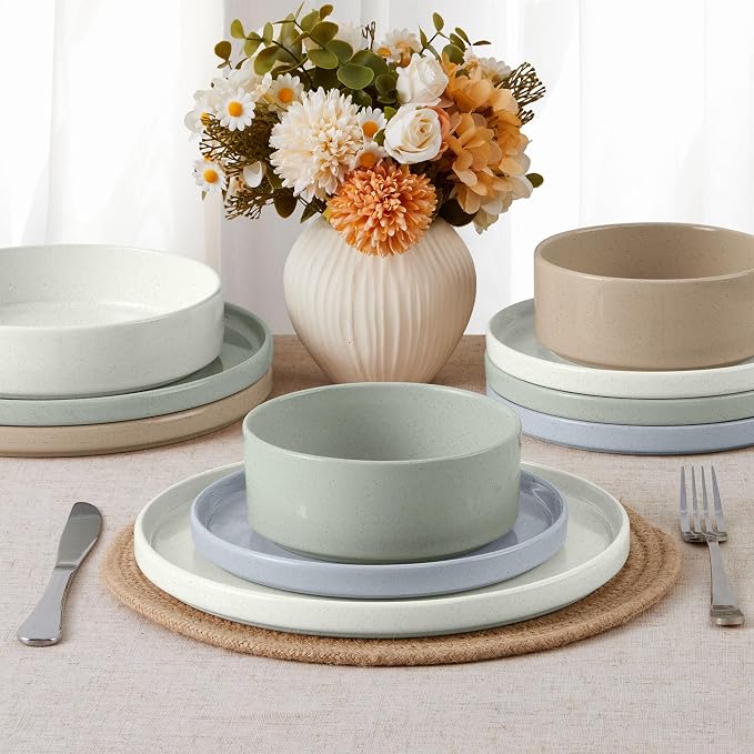 E-far Dinnerware Sets for 8, 24-Piece Stoneware Plates and Bowls Sets | Modern Kitchen Dining Dishware, Chip and Scratch Resistant, Microwave & Dishwasher Safe, Speckled Multicolor