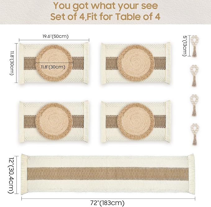 Placemats Set of 4 w/Charger Plates Table Mats Table Runner & Napkin Rings | All in One Placemats,Boho Farmhouse Style Heat-Resistant Non-Slip Protective Round Woven Placemats for Dining Table Décor