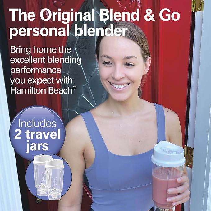 Hamilton Beach Portable Blender for Smoothies With 14 oz. Travel Jar | 2 BPA Free Jars & Lids | Durable Stainless Steel Blades | 300 Watts Peak Power | Personal Smoothie Blender | White | 51102G