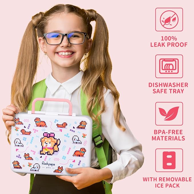 rockpapa Chill Bento Box for Kids- Large 5.5 Cups Lunch Box with Ice Pack - 5 Compartments, BPA-Free, Leak Proof, with Utensils & Portable Handle, Microwave/Dishwasher Safe (White Pets Dog)