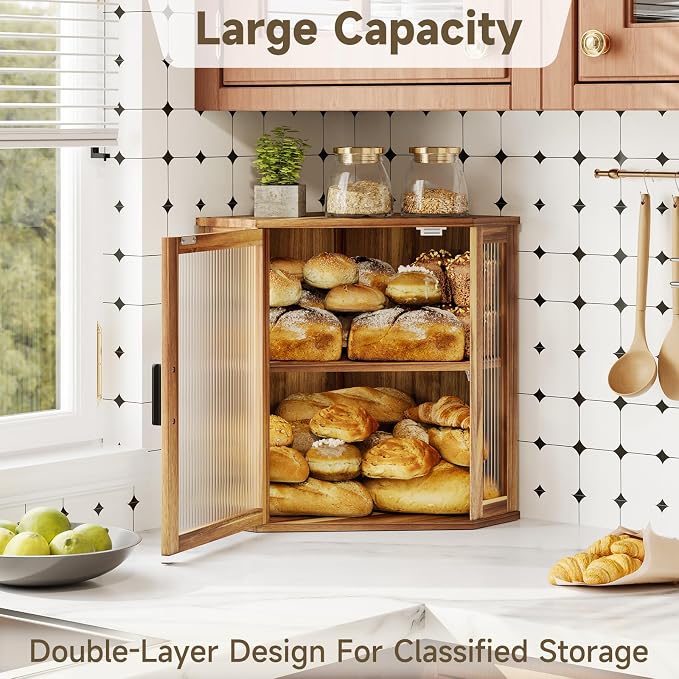 Corner Bread Box,Vintage Acacia Wood Bread box for Kitchen Countertop | Double Layer Large Capacity Wooden Bread Storage Bin, Adjustable Height