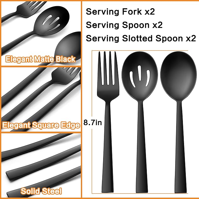 E-far Matte Black Serving Utensils Set of 6, Stainless Steel Serveware Set | 8.7 Inch, Hostess Serving Set Including Metal Slotted Spoons Forks for Party Buffet Catering, Square Edge & Rust Free