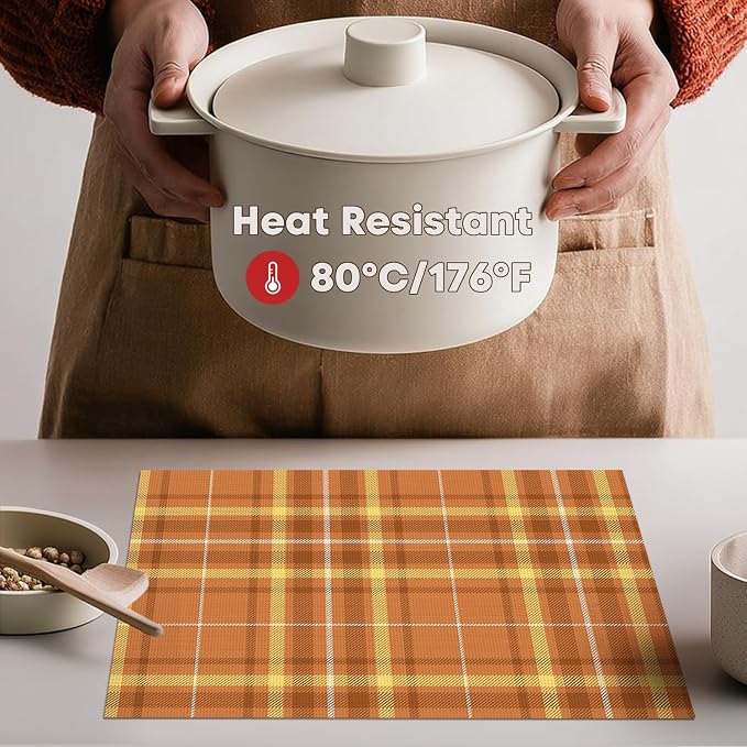 Artoid Mode Orange Striped Check Thanksgiving Vinyl Placemats Set of 4, Heat Resistant Non-Slip Woven Plastic PVC Place Mat for Party Kitchen Dining Decor