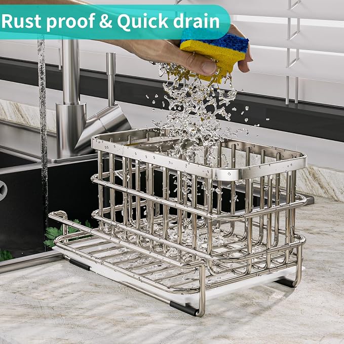 HapiRm Kitchen Sink Organizer, SUS304 Stainless Steel Rustproof Multifunctional Large Sink Caddy with Sponge Holder and Drain Tray for Kitchen Countertop (Silver)