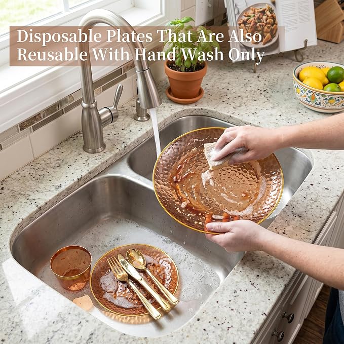 DaYammi 175PCS Clear Amber Plastic Dinnerware Set, Plastic Plates Disposable Hammered Disposable Plates for Party, Include: 25 Dinner Plates 25 Dessert Plates 75 Gold Silverware 25 Napkins 25 Cups