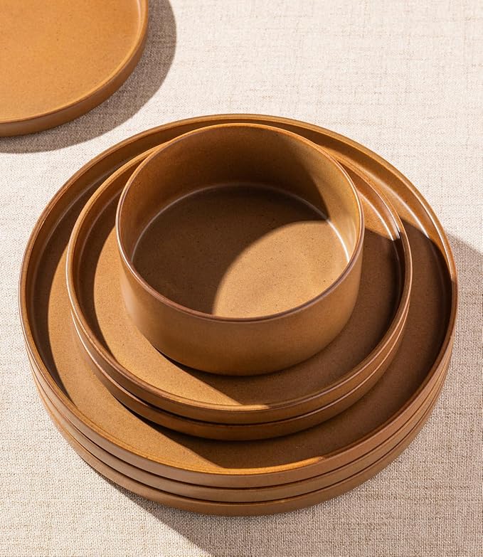 LERATIO Stoneware Dinnerware Sets for 4,12-Piece Matte Plates and Bowls Set | Handmade High Edge Rim Dish Set,Oven & Microwave,Dishwasher Safe,Scratch Resistant--Caramel