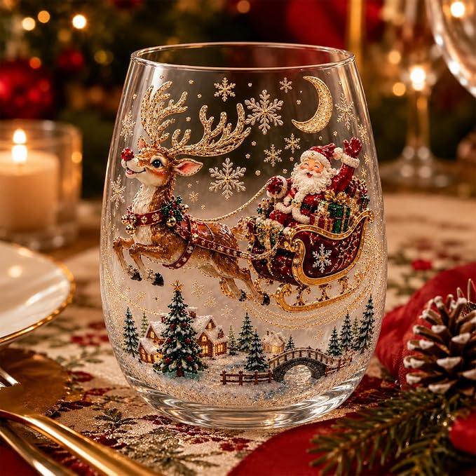 Christmas Wine Glasses, 12oz Stemless Holiday Glassware with Festive Style (Santa (A))