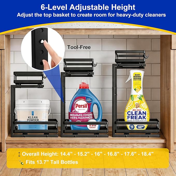 2-Tier Metal L-Shaped Pull-Out Under Sink Organizer, Black, 2 Pack | 2 complete sets; ball-bearing slides; 6-level height; no-drill setup