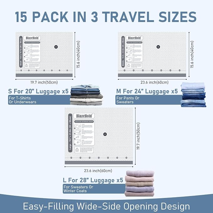 15 Pack Cordless Travel Vacuum Bags Set, Thickened, 3-Zipper Seal Upgrade | Vacuum Storage Bags with Rechargeable Pump, Vacuum Seal Bags for Luggage & Clothing, Compression Packing, 3 Sizes