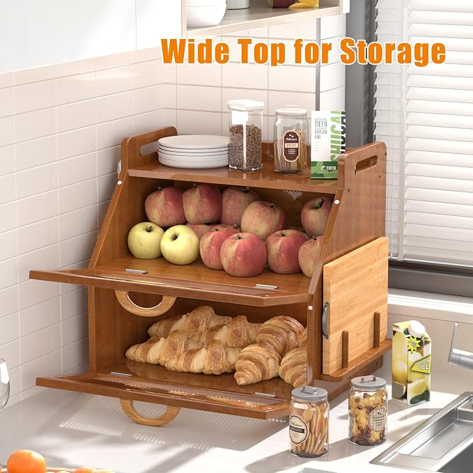 Bread Box for Kitchen Countertop, Large Bread Storage Container for Homemade Bread, Vintage Wooden Farmhouse Breadbox Organizers, Double Layer Bread Bin with Acrylic Window Bread Holder