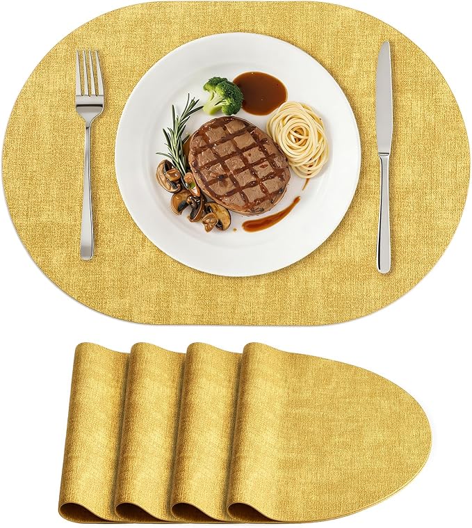 Placemats Set of 4, 11.8 x 17 Inch, Yellow | Heat Resistant Oval Faux Leather Place Mats, Waterproof Wipeable Reversible PU Placemat, Indoor & Outdoor