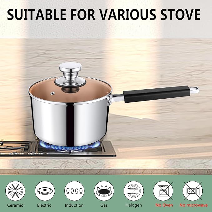 TeamFar Saucepan with Lid, 2 Quart Stainless Steel Tri-Ply Sauce Milk Pan | with Heatproof Handle for Cooking/Boiling/Braising, Fit for All Stoves, Healthy & Heavy Duty, Dishwasher Safe