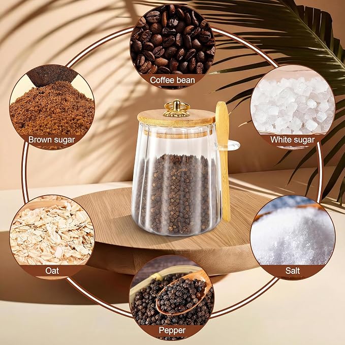 holoith 2 Pack Sugar Jar with Lid and Spoon,24oz Large Glass Spice Jars | Coffee Bar Decor Accessories Food Storage Containers Home Essentials