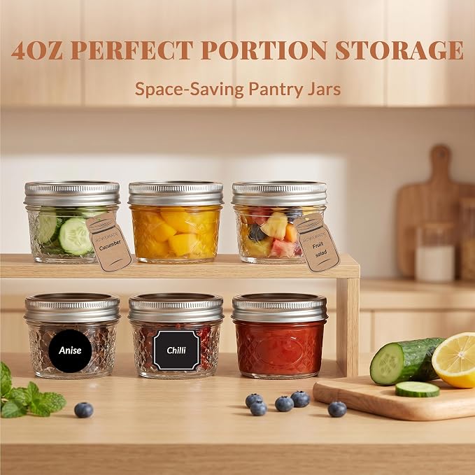 CycleMore Mason Jars 4 oz, 24 Pack Diamond Mini Glass Jars with Printed Silver Split Lids, Small Canning Jars for Caviar, Jam, Honey, Jelly, Party Favors and Gifts