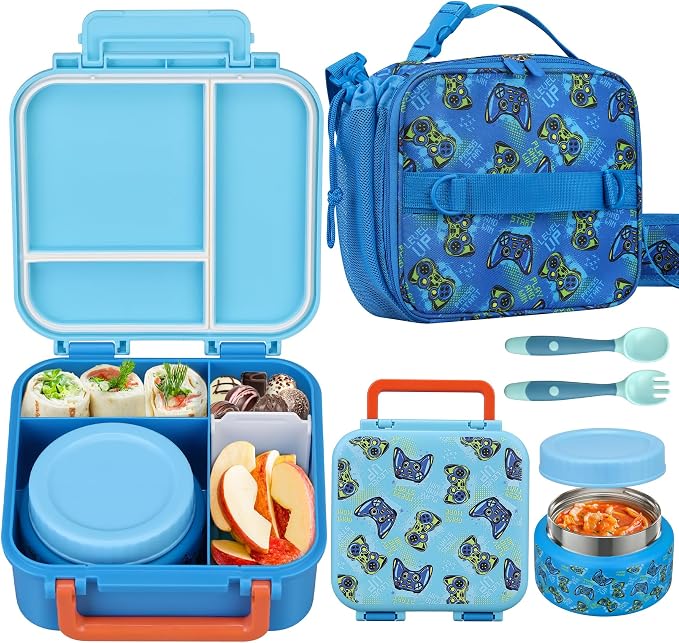 Kids Lunch Box Set with Bento Box, 9oz Stainless Steel Thermo & Insulated Lunch Bag – Hot & Cold Leakproof Lunch Container with Utensils for School & Travel, Blue Set
