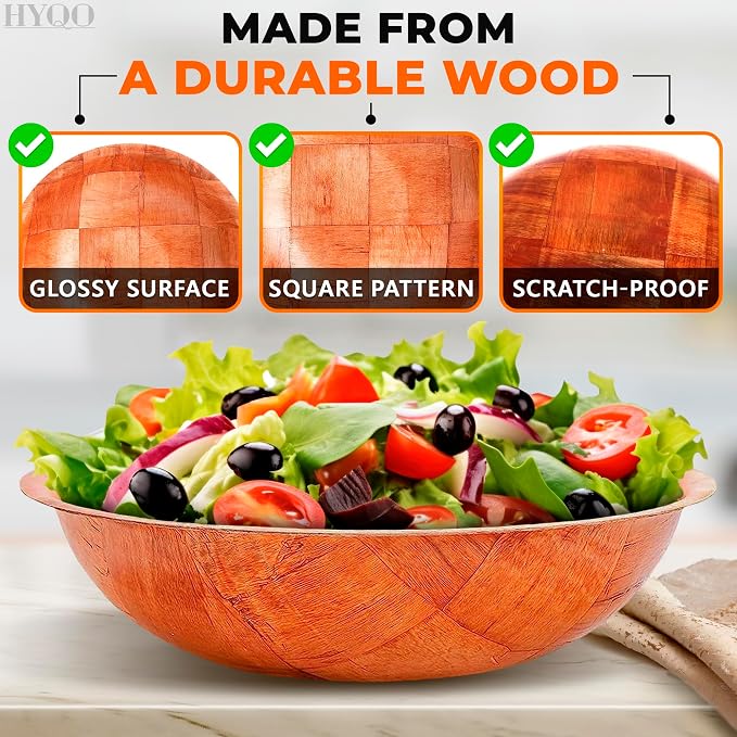 HYQO Wooden Salad Bowls Set of 6, Stackable, Lightweight & Sturdy, 7.9 In | Wooden Bowls for Food, Salad, Fruit, Snacks, Popcorn & Pasta; Smooth Lacquered Finish; Wood Bowl for Party & Brunch