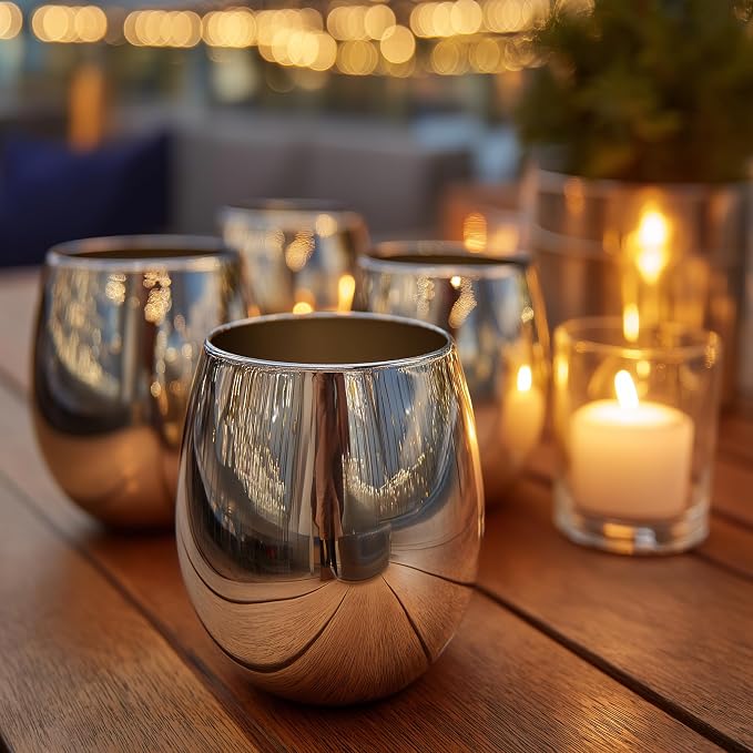 K&K Home Silver Stainless Steel Unbreakable Silver Stemless Wine Glasses - 15 oz - Set of 4 Colored, Stemless Metal Wine Glasses Perfect for Outdoors, Weddings, and Parties