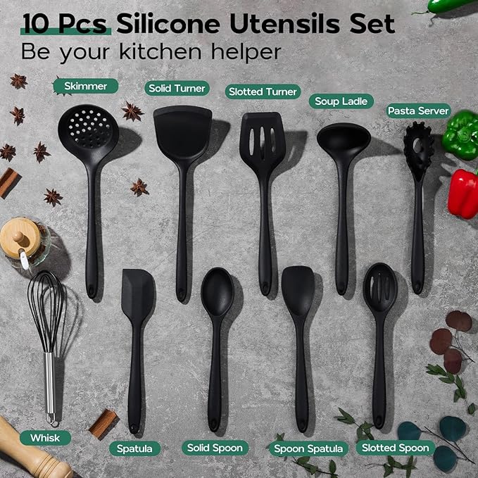 Onader Kitchen Utensils Set, 10 Pieces Black Silicone Cooking Utensils Set | Nonstick Cookware Friendly, Non Toxic & Dishwasher Safe