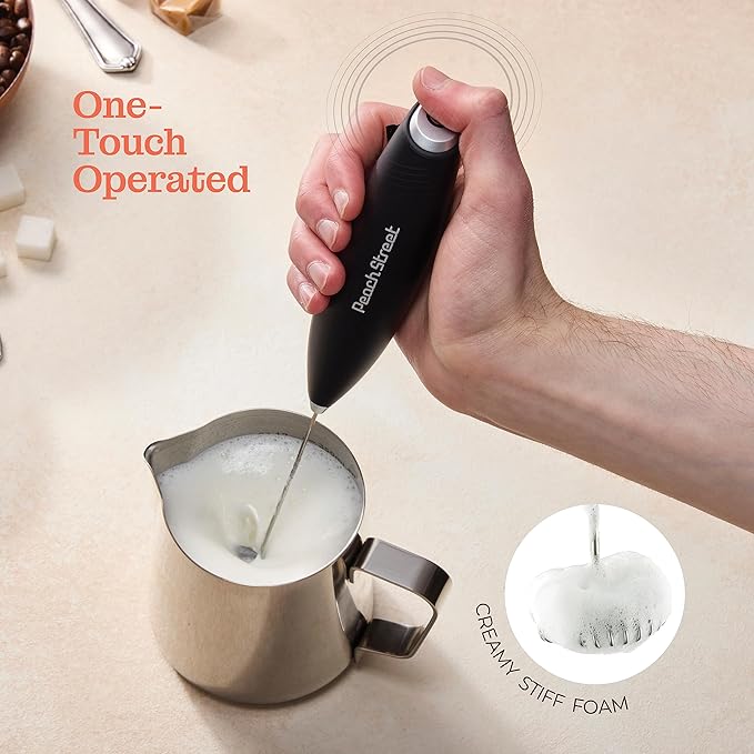 Powerful Handheld Milk Frother, Mini Milk Frother Wand, Battery Operated Stainless Steel Drink Mixer - Frother Stand for Milk Coffee, Lattes, Cappuccino, Frappe, Matcha, Hot Chocolate. Gift