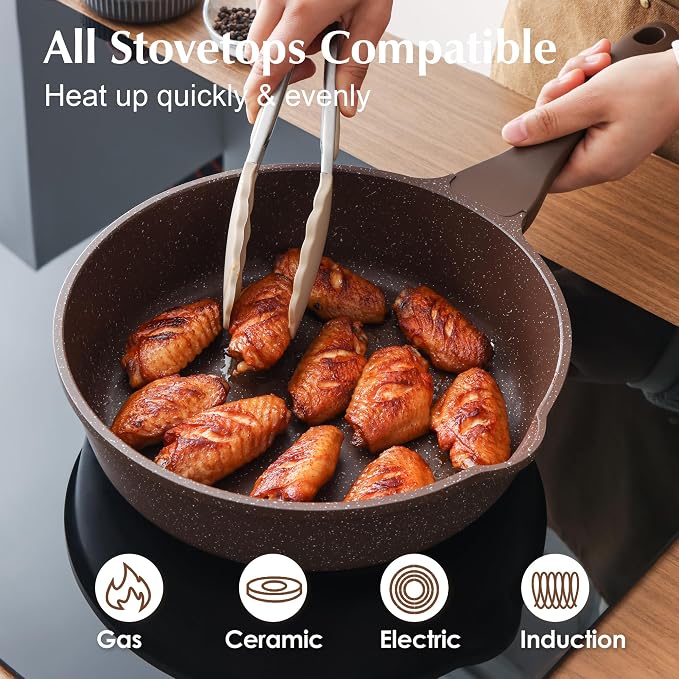 SENSARTE Nonstick Cookware Set 13 Pcs, Healthy Pots and Pans Set | Induction Cookware Set, Kitchen Cooking Set with Stay-Cool Handles, Silicone Utensils and Pot Protectors, PFOA Free, Brown