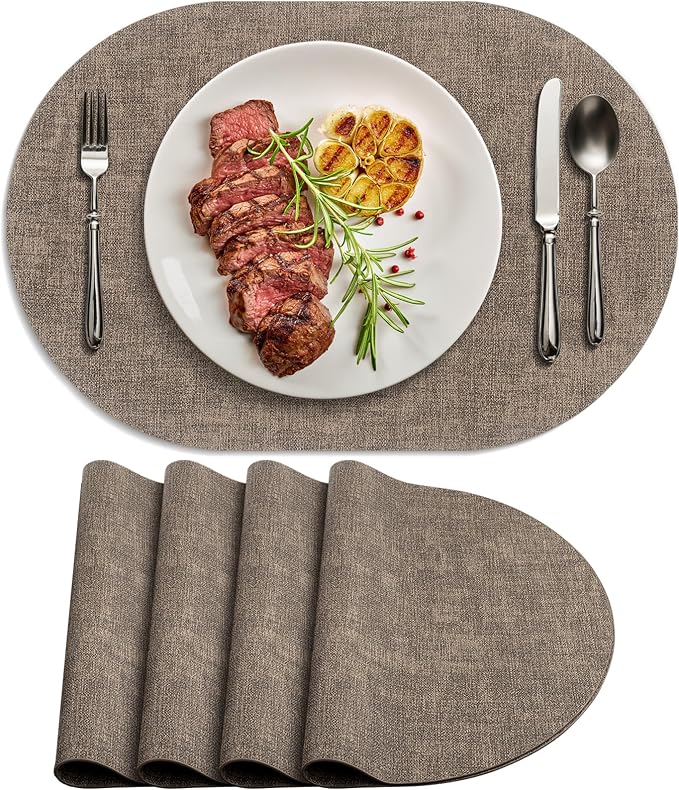 Placemats Set of 4 - Washable Heat Resistant Table Placemats - Wipeable Faux Leather Oval Place Mats, Waterproof Table Mats for Dining Table, Dark Brown