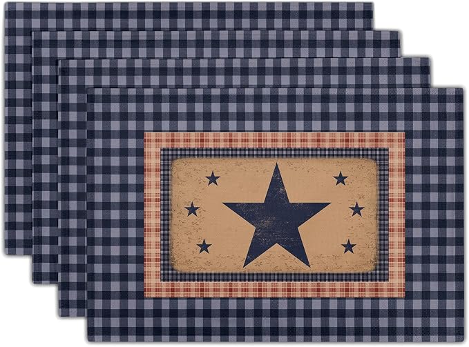Western Placemat Set of 4 Primitive Stars Linen Washable Place Mat 18 x 12 Inch Navy Blue Red Classic Buffalo Plaid Decorative Farmhouse Country Desktop Decor Table Mat for Party Dining Kitchen Indoor