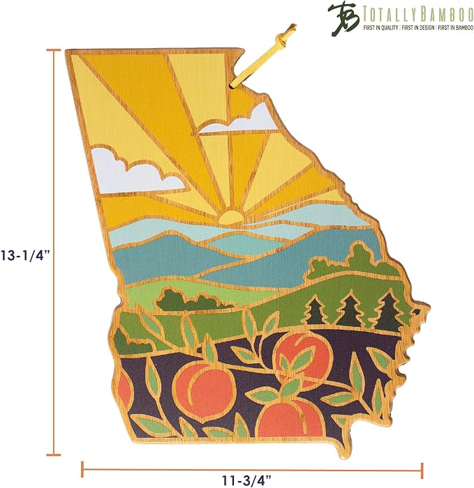 Totally Bamboo Georgia State Shaped Cutting Board, Summer Stokes Art | State charcuterie board with colorful hand-drawn landscape art. Smooth reverse side for food prep. Hang tie for wall display.