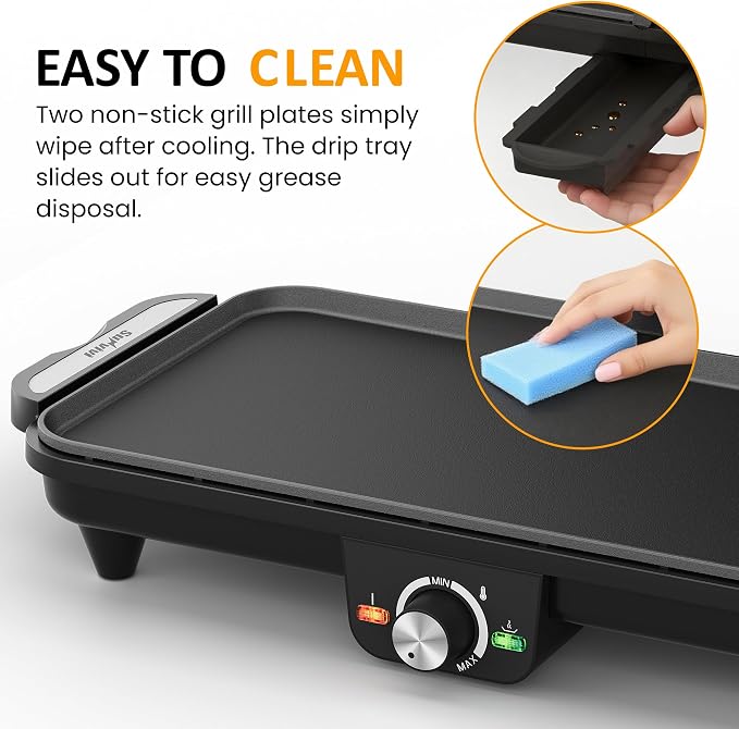 35''Electric Large Griddle - 1600W,Foldable Dual Zone,Nonstick | Long Skillet with Adjustable Temp,Pancake Egg Maker,Drip Tray,Indicator Light for Indoor/Outdoor/BBQ/Camping/Pancake