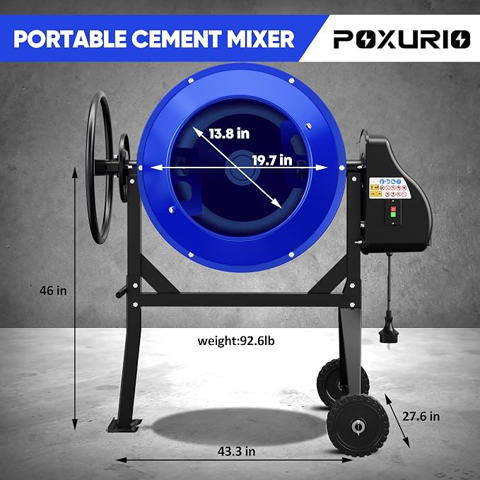 120L Electric Cement Mixer, 4.3 Cubic Ft. 450W 3/5HP Portable Concrete Mixer Machine with Stand And Wheels for Stucco, Mortar, Seeds, Blue-2026 Upgraded