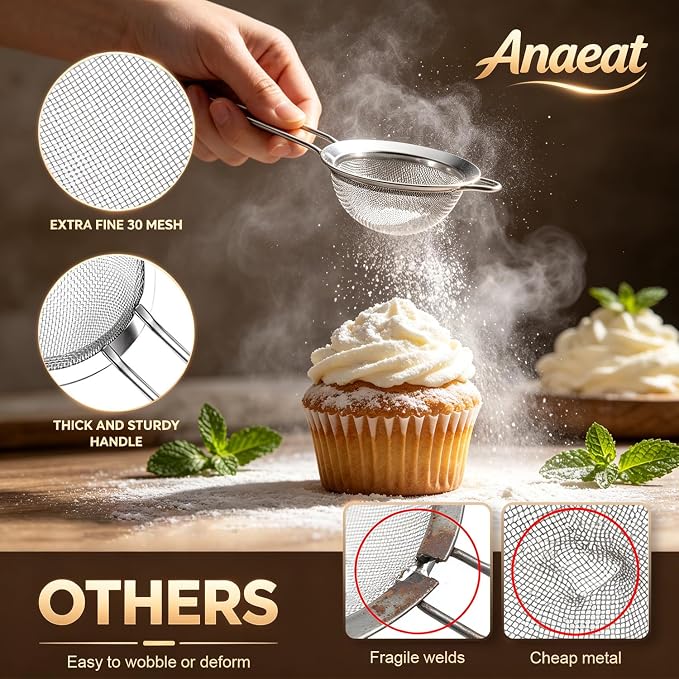 Anaeat Fine Mesh Strainers - Premium Stainless Steel Colander Sieve Sifters, with Durable Mesh and Sturdy Handle, Excellent for Sifting Dry ingredients, Flour, Pastas, Rice, Tea (3.15"）