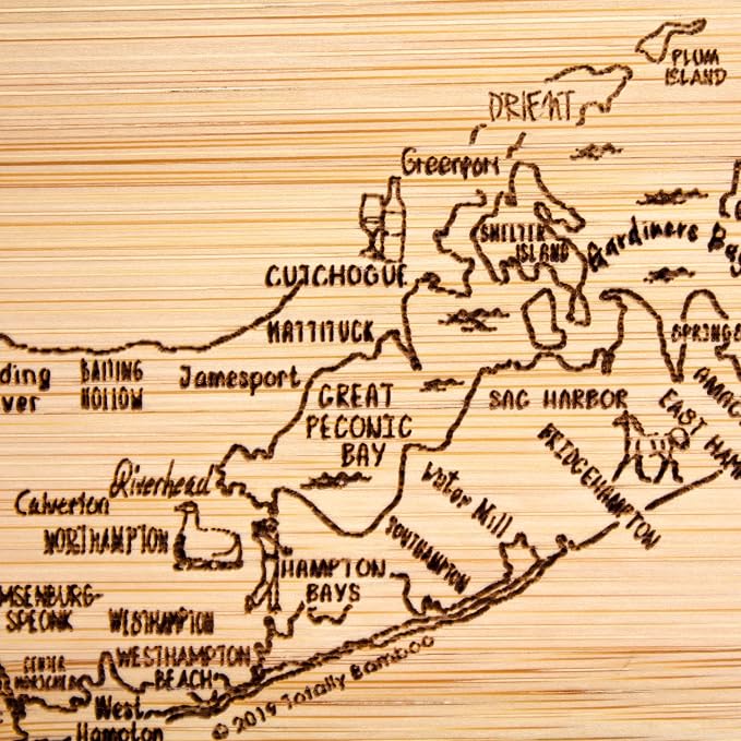 Totally Bamboo A Slice of Life Long Island Engraved Map Cutting Board | 11" x 8.75" charcuterie board with engraved map artwork. Smooth reverse side for food prep. Hang tie for wall display.