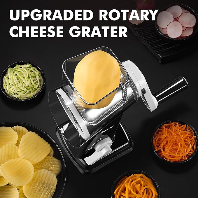 Geedel Upgraded Rotary Cheese Grater Hand Crank, Vegetable Shredder Slicer | 4 Blades, Stronger Suction Base, Wider Chute, 18x Faster Cutting, No BPA, Stainless Steel, for Cheese, Veggies, Nut