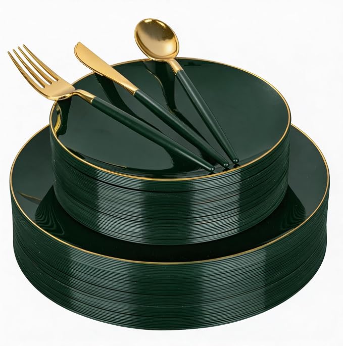 DaYammi 150Pcs Green Plastic Plates with Gold Rim,Gold and Green Disposable Plates with Cutlery Included 30 Dinner Plate,30 Dessert Plate,30 Knives,30 Forks,30 Spoon, green plates for Party Dinner