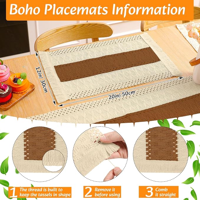 4 Sets Boho Decoration Placemats Round Woven Placemats, Cloth Napkins, Wood Bead Napkin Rings, Long Table Runner and Farmhouse Burlap Cotton for Table Kitchen (Caramel,12x72)