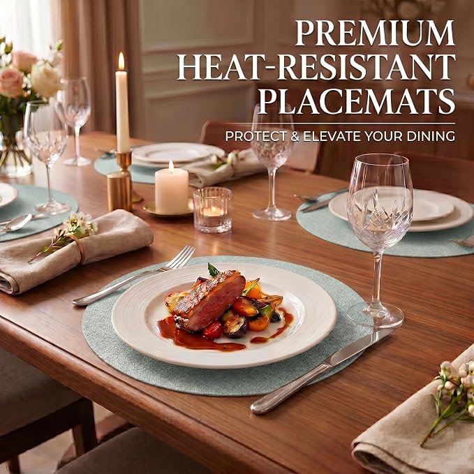 Faux Leather Placemats Set of 4, Wipeable Waterproof Stain Resistant Table Mats, Heat Resistant Thick Placemats with Hand-Painted Edges for Kitchen Dining, Imitative Linen Texture, Various Shapes