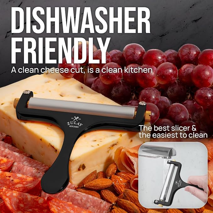 Zulay Kitchen Stainless Steel Wire Cheese Slicer - Adjustable Hand Held Cutter with 2 Extra Wires - Premium Cheese Shaver For Mozzarella, Cheddar, Gruyere - Black