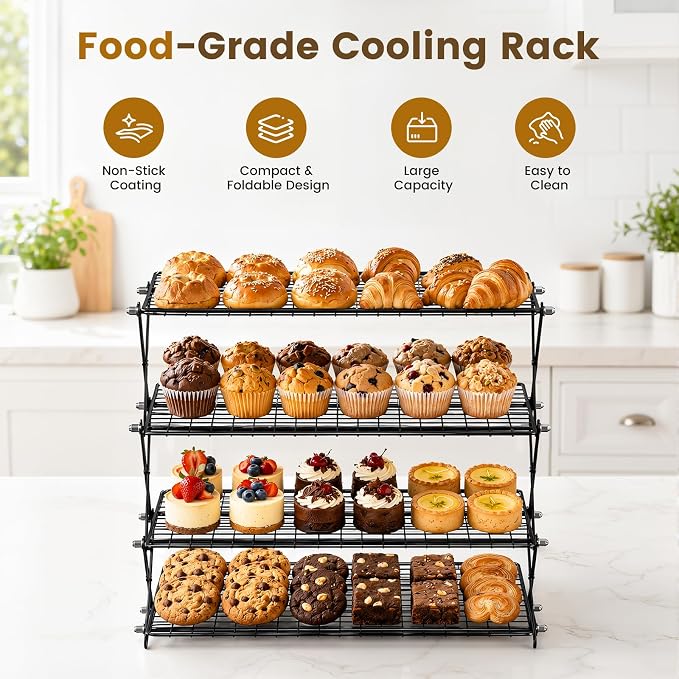 4 Tier Collapsible Cooling Rack for Baking Cookies Bread Barbecue | Include 50 Baking Papers, 4-Level Adjustable Height, 3 Setting Design, Stackable Roasting Rack, X-Shaped Structure