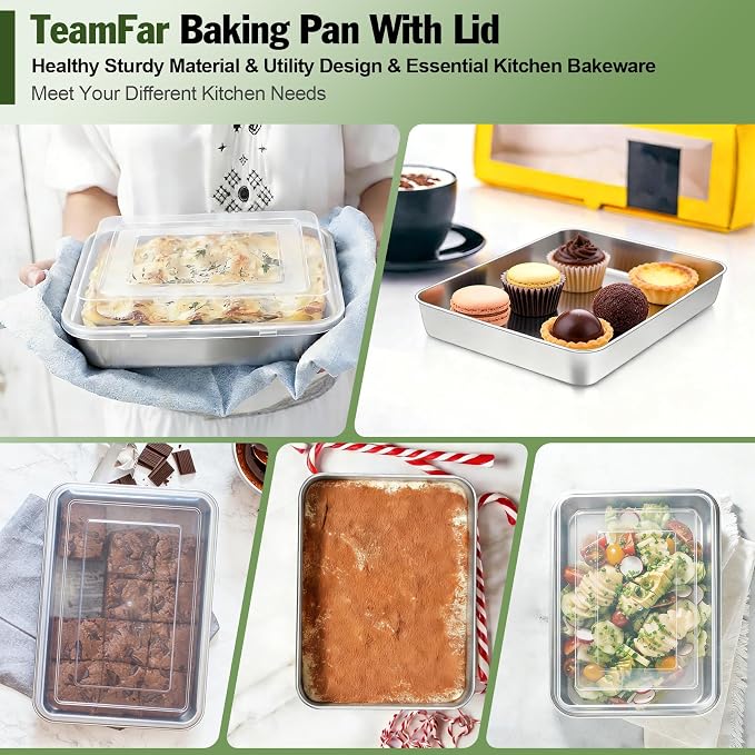 TeamFar Baking Pan with Lid, 9.3" x 7" Rectangule Cake Pan- 1Pan +1 Lid | Stainless Steel Lasagna Pans with Covers for Cake Brownie Casseroles, Birthday Party Outdoor, Healthy, Oven & Dishwasher Safe
