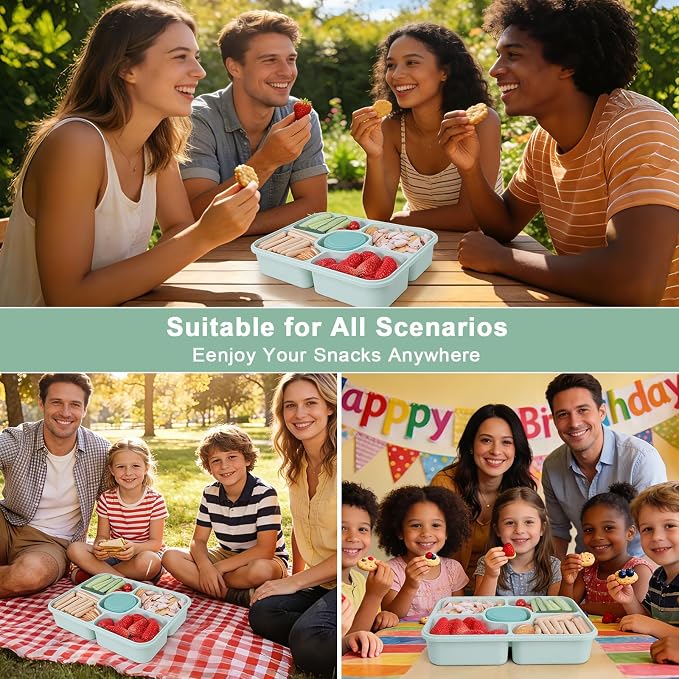 Large Snackle Box Container with Dip Container, 5 Compartments Snack Container with Lid and Handle, Veggie Fruit Divided Serving Tray for Party, Picnic, Dishwasher Safe, BPA-Free
