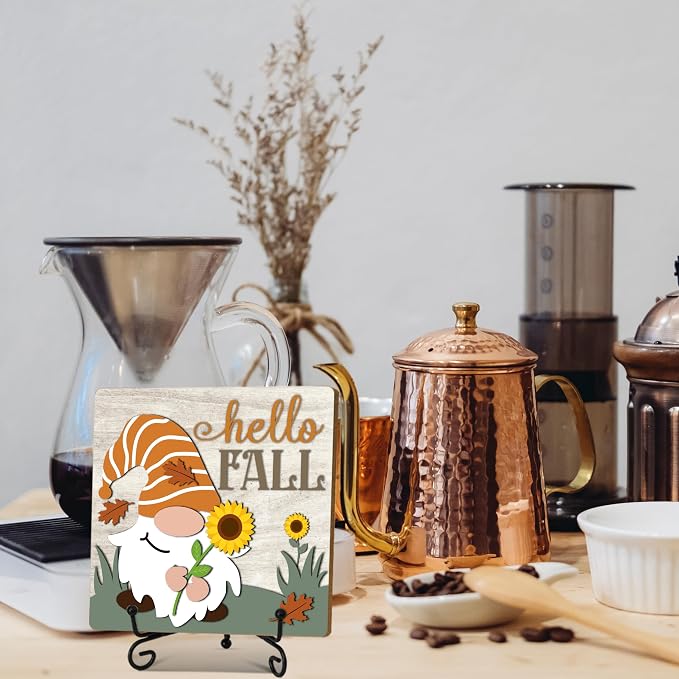Hello Fall Home Decor Indoor, Autumn Gnome Thanksgiving Table Decor | 5"x5" Wood Plaque Gifts with Stand for Farmhouse Living Room Bathroom Kitchen Decoration - A05