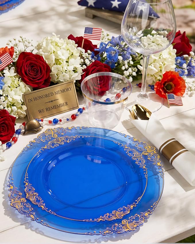 Nervure 175Pcs Blue Plastic Plates, Disposable Party Plates for 25 Guests | 25 7.5" Dessert & 25 10.25" Dinner Plastic Plates, 75 Gold Cutlery, 25 9oz Cups, 25 Napkin for Wedding & Party, Heavy-duty