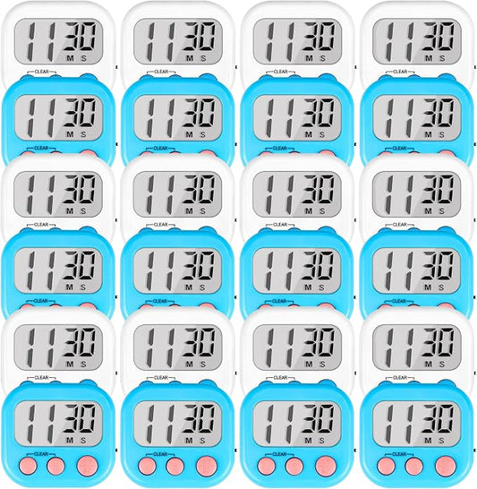 Timer for Kids Digital Kitchen Timers for Cooking- 24 Pack Blue White | Countdown Timer for Classroom Study Exercise Teacher Supplies, Strong Magnetic, Loud Alarm, Large Screen, Fast Reset, Memory