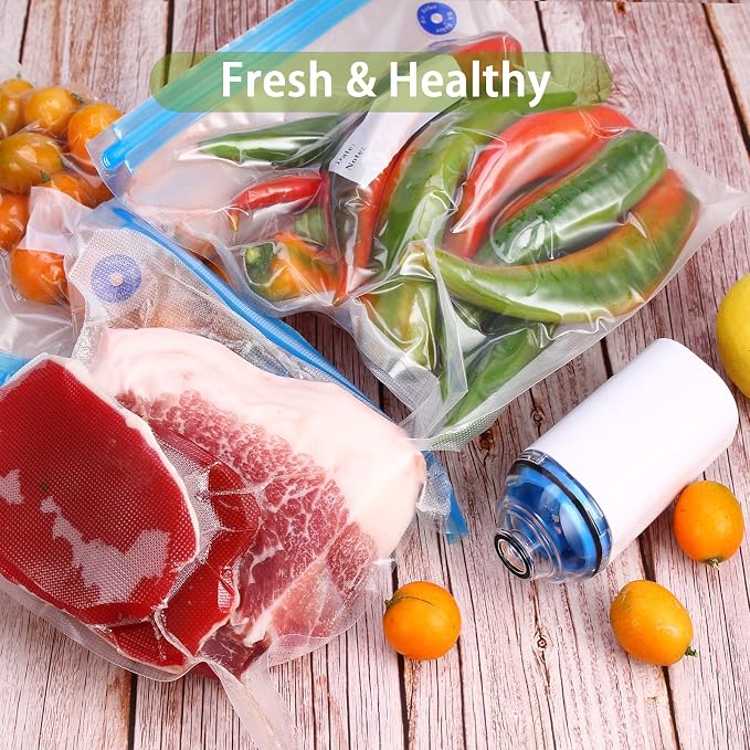Sous Vide Bags 25Pcs, Reusable BPA Free Vacuum Sealer Bags Vacuum Food Storage Bag for Cooking/Food Storage/Microwave Heating - 3 Size 18Pcs Vacuum Zipper Bag & 5 Air Valves & 2 Seal Clips