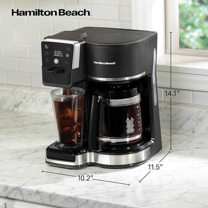 Hamilton Beach 2-Way Drip Coffee Maker & Single Serve Coffee Machine | Hot & Iced Coffee Maker| 12 Cup Glass Carafe| AquaFlow Showerhead | Auto Pause & Pour | Black |47500J