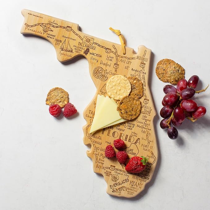 Totally Bamboo Destination Florida State Shaped Cutting Board | State charcuterie serving board with engraved map artwork. Smooth reverse side for food prep. Hang tie for wall display.