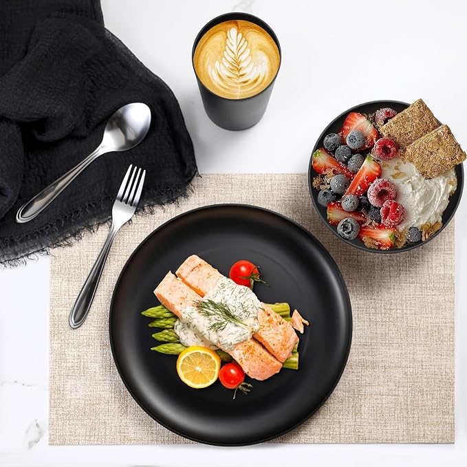 24pcs Matte Black Dinnerware Set, Plates Bowls & Cups, Unbreakable Dishes for 8, Reusable BPA‑Free Tableware, Dishwasher Safe for Kitchen Party Picnic Camping, Bonus Cutlery Set Included